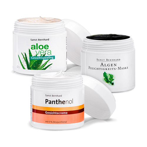 Viso bello: Maschera alle alghe + Aloe Vera peeling + Crema con pantenolo, kit