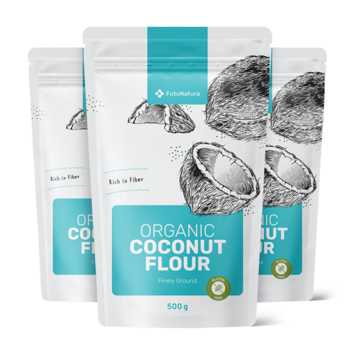 3x BIO Făină de cocos, măcinată fin, total 1500 g