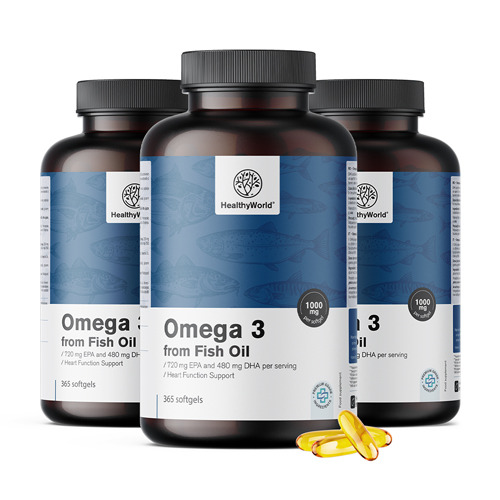 3x Omega-3 1000 mg – din ulei de pește, total 1095 de capsule moi