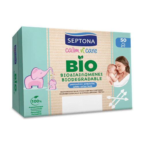 Bețișoare biodegradabile cu bumbac – pentru bebeluși, 50 de bețișoare cu bumbac