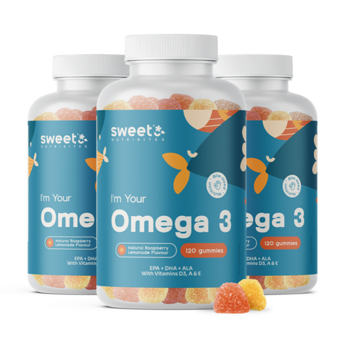 3x Omega-3 – cu vitamine D3, E și A, total 360 bomboane gumate